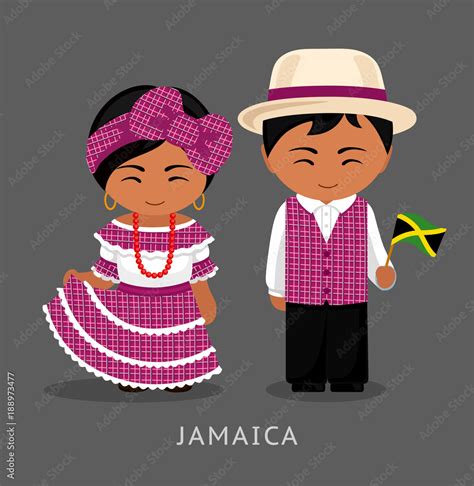 Jamaicans in national dress with a flag. Man and woman in traditional ...