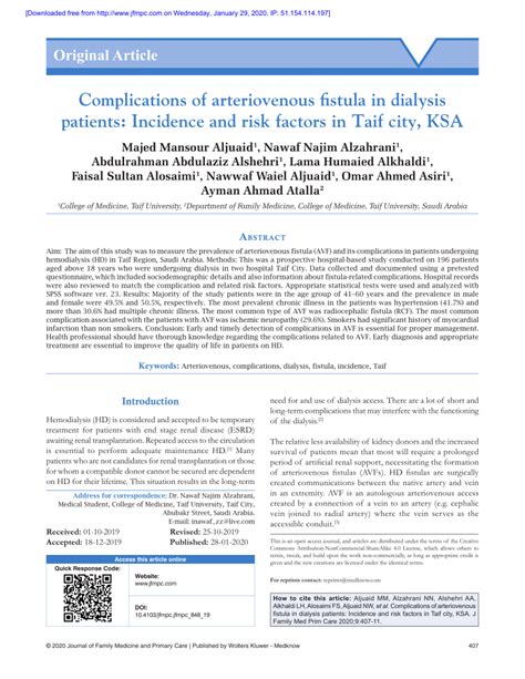 (PDF) Complications of arteriovenous fistula in dialysis patients: Incidence and risk factors in ...