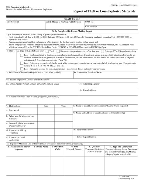 ATF Form 5400.5. Report of Theft or Loss-Explosive Materials | Forms ...