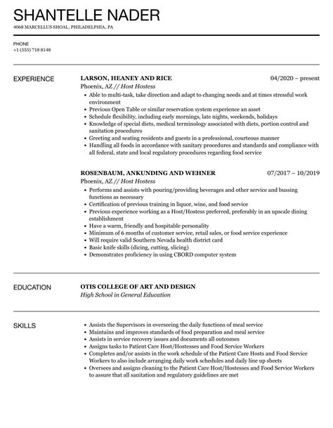 Hostess Resume Sample