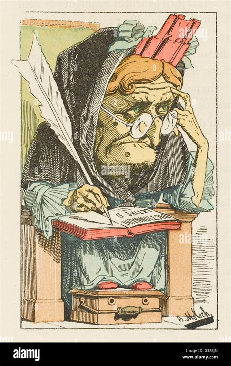 Caricature of the Academie Francaise, personified as a worrisome old woman compiling a ...