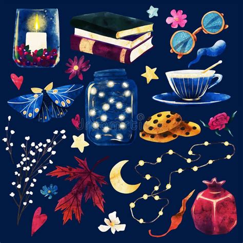 Cozy Night Clipart Set with Books, Led Lights and Tea Cup Stock Vector - Illustration of night ...