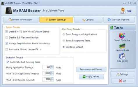 Mz Ram Booster for Windows tweaks settings to boost RAM