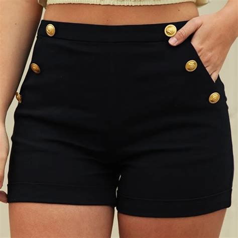 Women Button Shorts Casual Slim Mini Short Pants Ladies Office Black ...