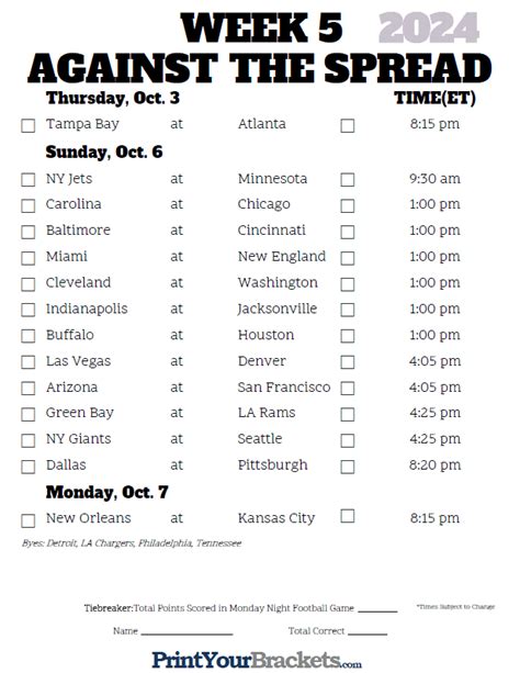 Nfl Week 5 Spreads Printable