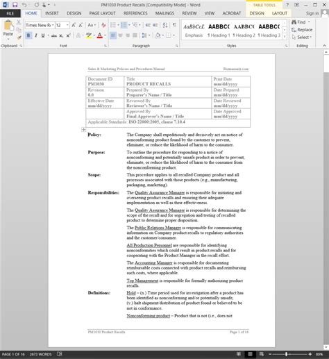 Product Recall Procedure Template Word