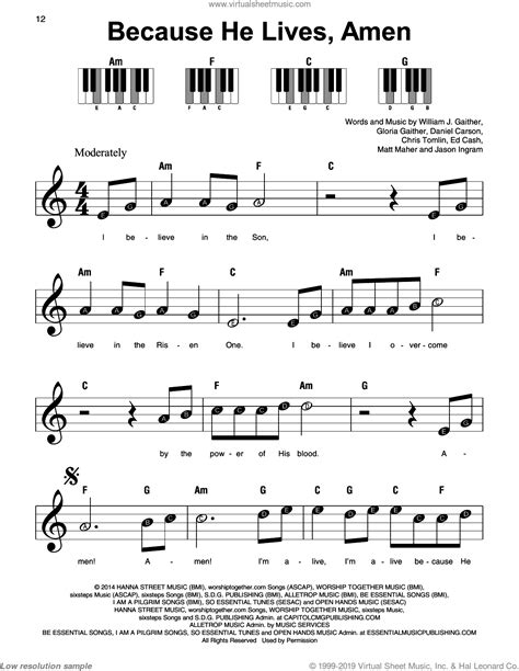 Because He Lives, Amen, (beginner) sheet music for piano solo