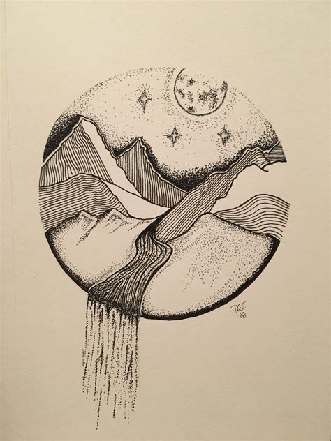 an ink drawing of mountains and the moon