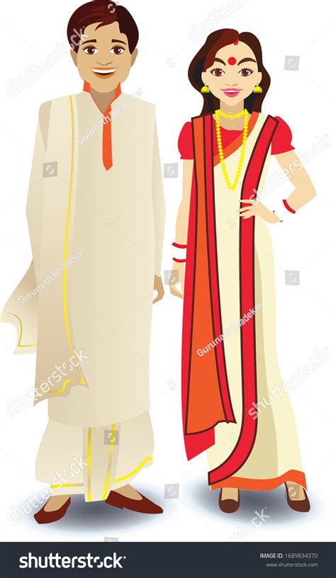 Bengali Wedding Couple In Traditional Costume Of West Bengal, India Stock Illustration By ...