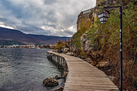 footpath, wooden, lake, morning, winter, landscape, path, lake ohrid ...