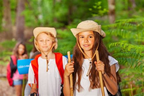 Close Portrait of Girl in Hiking Activity Group Stock Image - Image of ...