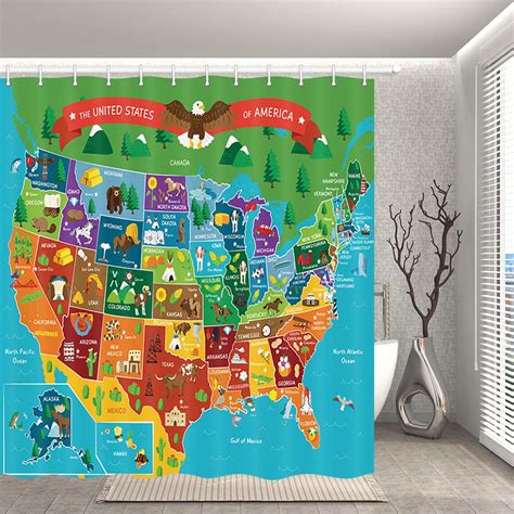 Home & Garden Cartoon Fun Facts Geography USA Map Kids Map of The United States Bath Curtain ...