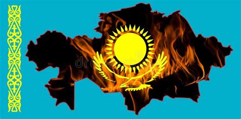 Kazakhstan Flag and Outline Map on Fire Background. Stock Image - Image ...