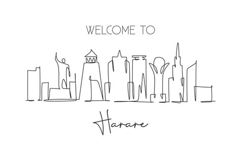 Single continuous line drawing of Harare city skyline, Zimbabwe. Famous ...