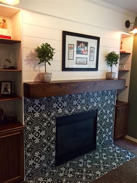 Plank wall fireplace. Modern rustic fireplace. Encaustic cement look ceramic tile. Merola ...