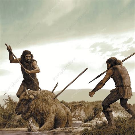 Prehistoric humans hunting, artwork - Stock Image - C013/9580 - Science Photo Library