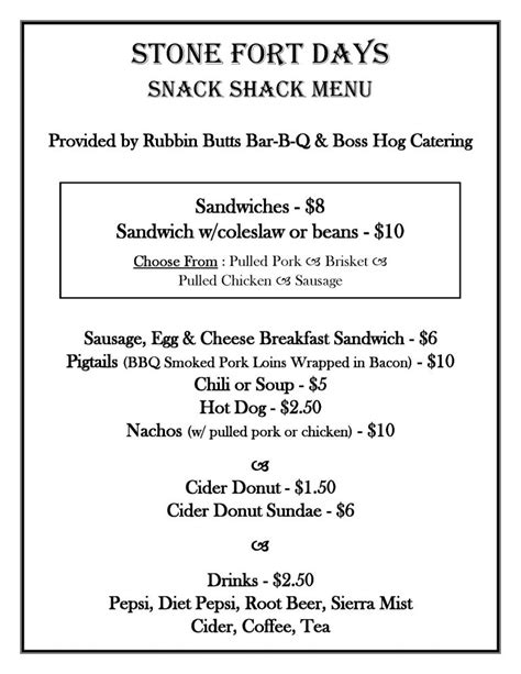 Snack Shack menu – The Old Stone Fort Museum