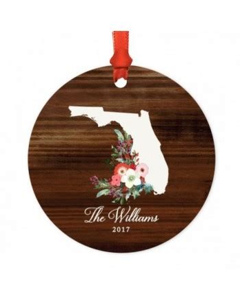 Personalized US State Round Metal Christmas Ornament - Rustic Wood with Florals - Florida - 1 ...