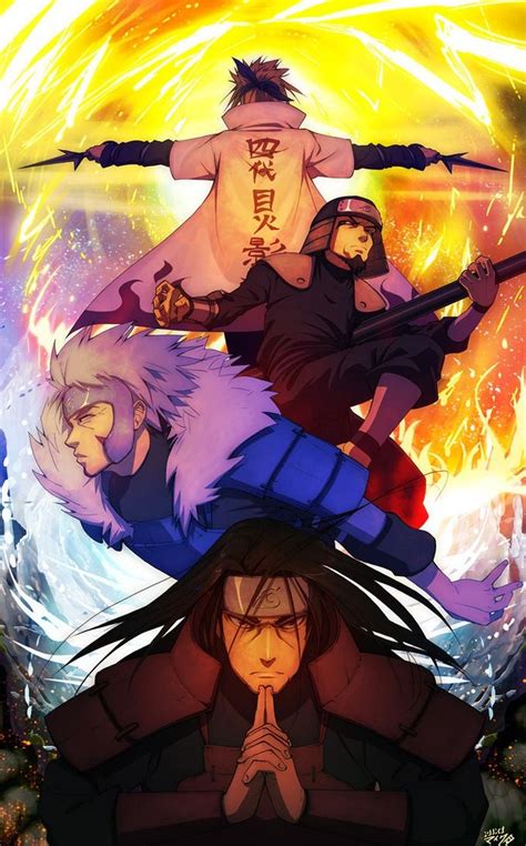 Four Hokage.... Hashirama Senju, Tobirama Senju, Hiruzen Sarutobi, Minato Namikaze | Naruto ...