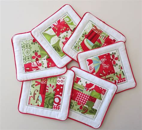 Christmas coasters to Liz for "FLIRTS" | Small quilt projects, Christmas coasters, Holiday quilts