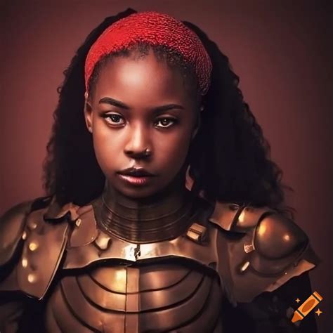 Portrait of a black woman in black iron armor with red and gold halo on Craiyon