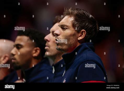 Nicolas Mahut (FRA) sings the French National Anthem ahead of the Davis ...