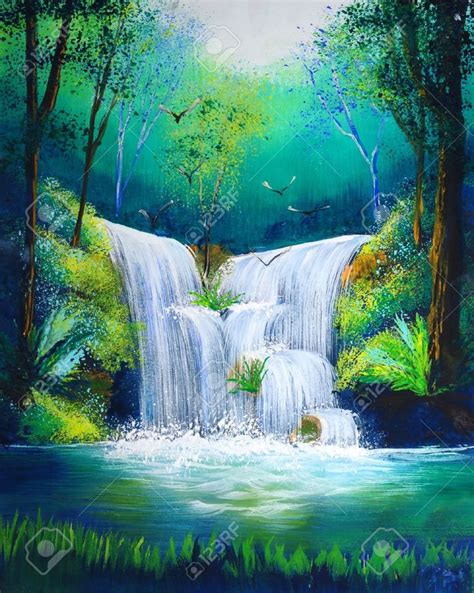 Waterfall paintings, Easy landscape paintings, Waterfall