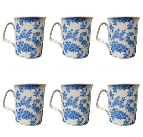 Set of 6 Fine Bone China Blue Flower Blossom Mugs