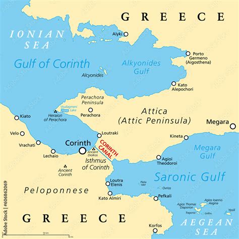 Corinth Canal, artificial waterway in Greece, political map. Connects Gulf of Corinth (Ionian ...