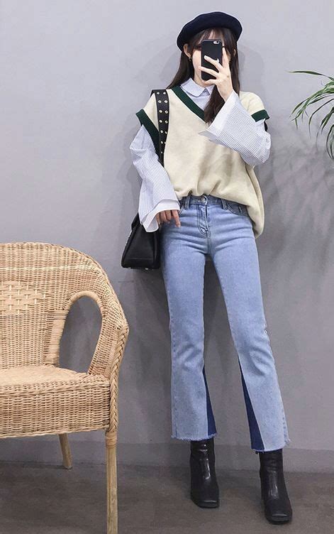 korean fashion fall outfit preppy style blue jeans white button up ...