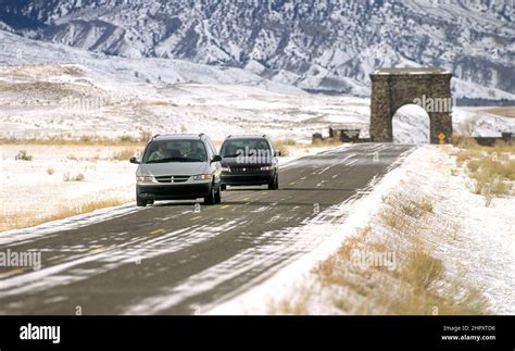 Winter in Yellowstone National Park Montana USA entrance sign Stock Photo - Alamy