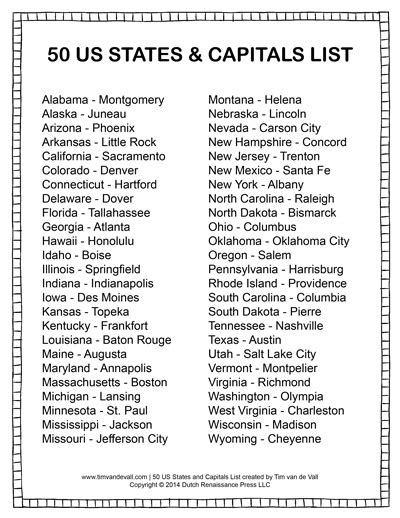 Usa States And Capitals List Printable