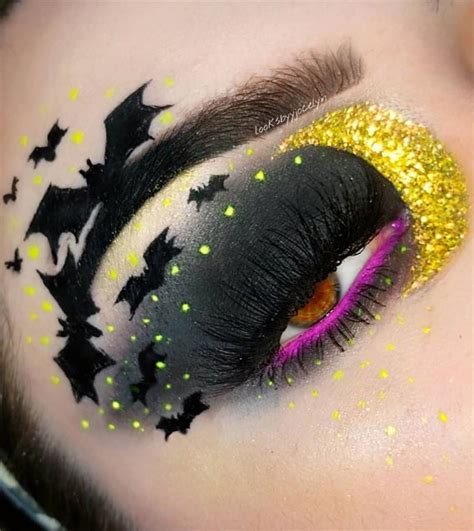 Creative Halloween Makeup Looks : Glitter Glowing Crescent Moon + Bats