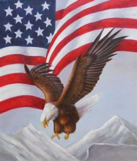 24x20 Bald Eagle Flying by American Flag Oil Painting Naturalism Animal Bird | #1816830031