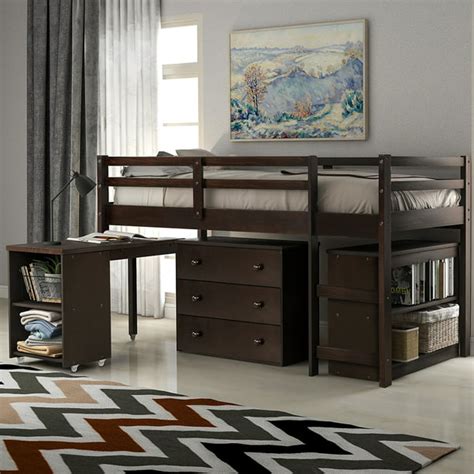 Topcobe Twin Size Low Loft Beds with Cabinet and Desk with Wheels for Bedroom, Dorm, Espresso ...