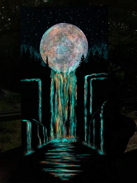 After Midnight - Glow In The Dark Painting - Glowing Art - Moon Melting into Waterfall ...
