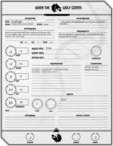 First test run of the character sheet for When the Wolf Comes, (powered ...