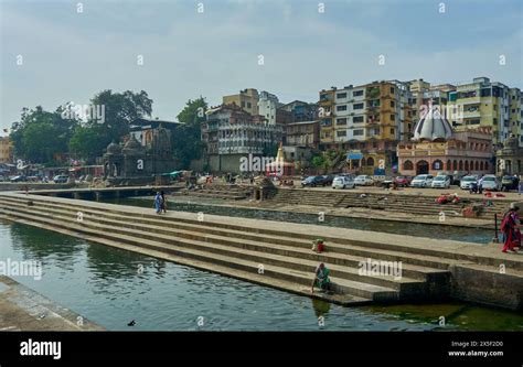 Temples and buildings facing the Godavari Ghat at Nashik Stock Photo ...