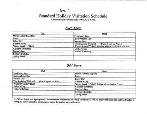 Preview Standard Holiday Visitation Schedule