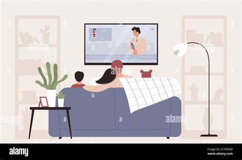 Family people watching tv vector illustration. Cartoon flat mother ...