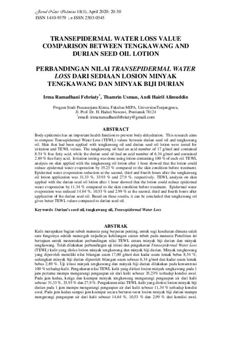 (PDF) Transepidermal Water Loss Value Comparison Between Tengkawang and Durian Seed Oil Lotion ...