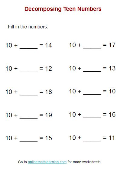 Decompose Teen Number Worksheets (Kindergarten, printable)