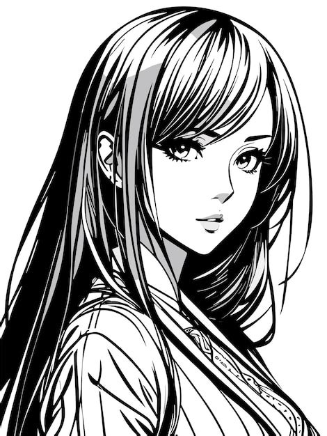 Premium Vector | Cute beauty female long hair sketch black and white anime style artwork ...