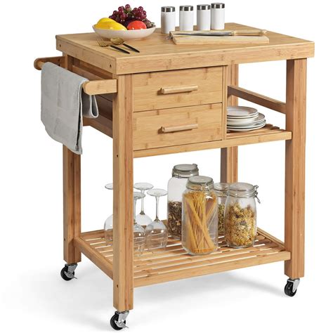 Costway Bamboo Kitchen Trolley Cart Wood Rolling Island w/ Tower Rack ...