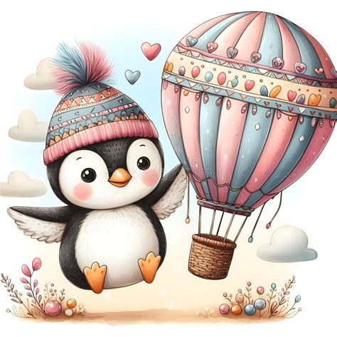 Cartoon Penguin Flying with Air Balloon Stock Illustration ...