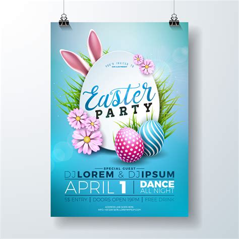 Vector Easter Party Flyer Illustration with painted eggs, rabbit ears and typography elements on ...