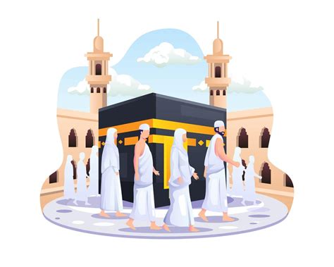 Islamic hajj pilgrimage. People are walking around the Kaaba vector ...