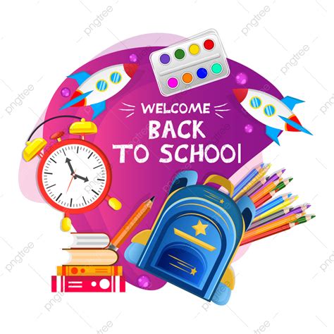 Isolated Gradient Banner Welcome Back To School 2023 With Supplies Bag Pencils And Alarm Clock ...