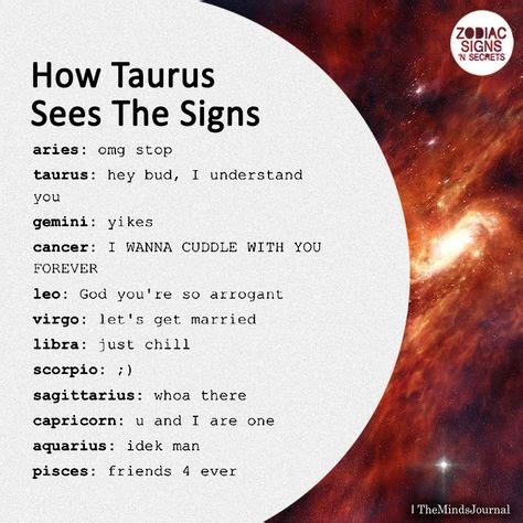 How Taurus Sees The Signs | Zodiac signs, Zodiac signs taurus, Zodiac star signs