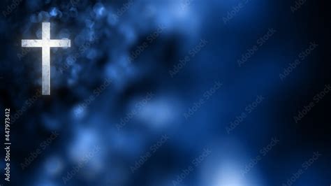 Christian Cross on Horizontal blue bokeh banner background with copy ...